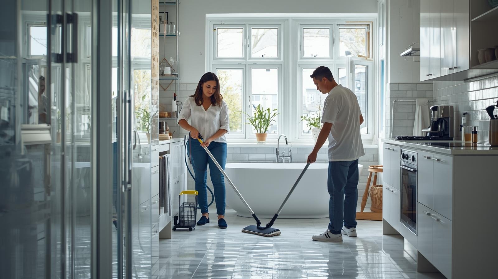 Bathroom and kitchen hygiene cleaning__Window interior cleaning__Floor mopping and vacuuming